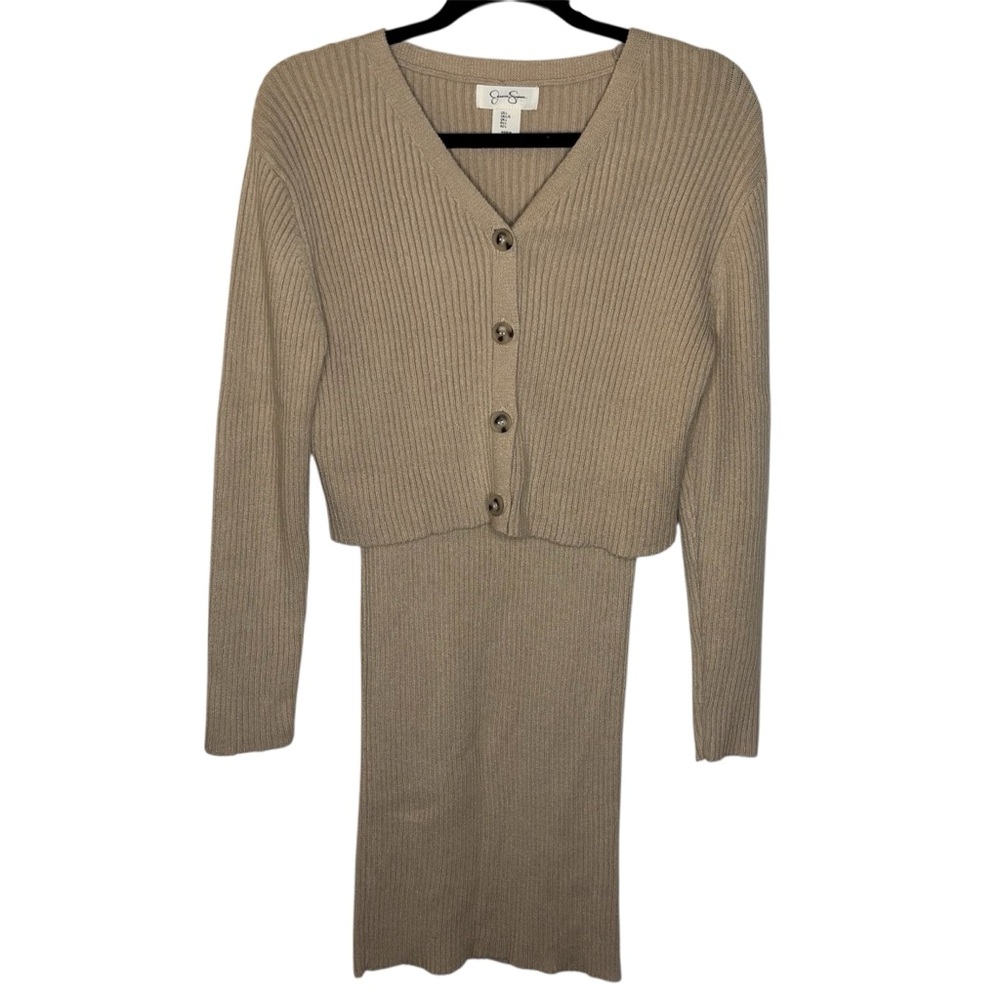 Jessica Simpson Tank Sweater Dress w/Matching Cardigan Women’s L Tan Stretchy